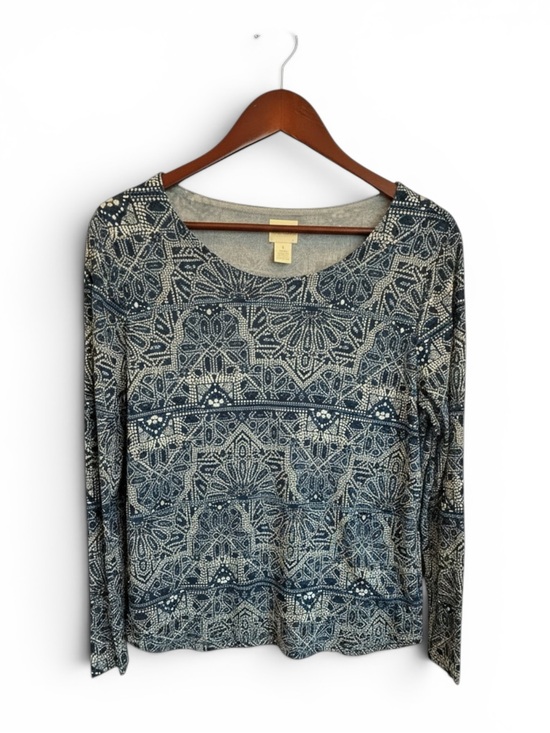 Chico's Tops - Chico’s Blue Geometric Kaleidoscope Print Mesh Lined Top Size 1 Long Sleeve